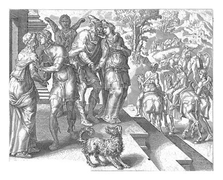 Foto de Salida de Tobías y Sara, anónima, después de Maarten van Heemskerck, 1556 - 1633 Sara dice adiós a Raguel y Tobías van Edna. El Arcángel Rafael observa. - Imagen libre de derechos