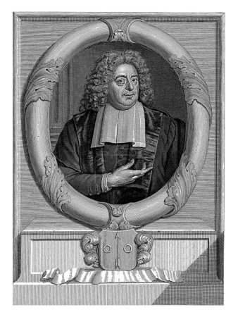 Téléchargez les photos : Portrait de Salomon van Til à l'âge de 48 ans, Pieter van Gunst, d'après Carel de Moor (II), 1691 - 1731 Salomon van Til, prédicateur cocaïen, à l'âge de 48 ans. L'imprimé a une légende latine. - en image libre de droit