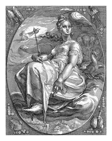 Foto de Juno, Crispijn van de Passe (I), después de Hendrick Goltzius, después de Jan Saenredam, 1574 - 1637 Juno sentado en una cubierta de nubes, acompañado por su símbolo el pavo real. - Imagen libre de derechos