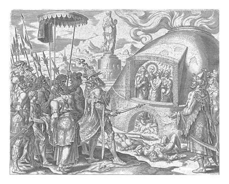 Foto de Nabucodonosor ve a Sadrac, Mesac y Abed Nego ilesos, Felipe Galle, después de Maarten van Heemskerck, 1565 Nabucodonosor viene a mirar el horno - Imagen libre de derechos