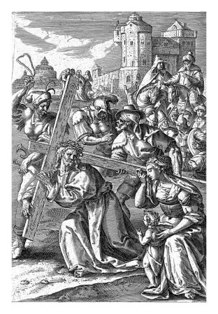 Téléchargez les photos : Portant la croix, Antonie Wierix (II), d'après Maerten de Vos, 1583-1587 Le Christ tombe au Calvaire en portant sa croix. Simon de Cyrène l'aide. - en image libre de droit