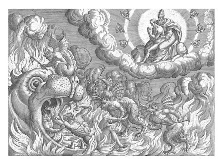 Foto de Visión del hombre rico en el infierno, anónima, después de Pieter van der Borcht (I), c. 1575 c. 1599 El hombre rico cae en las mandíbulas de la bestia infernal. En el cielo pobre Lázaro en el regazo de Dios Padre. - Imagen libre de derechos