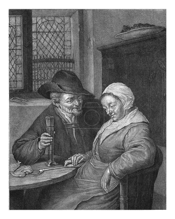 Foto de Pareja mayor, Pieter Schenk (I), después de Adriaen van Ostade, 1670 - 1713 Una pareja de ancianos está sentada en una mesa redonda, en la que se encuentran una pipa y peces. - Imagen libre de derechos