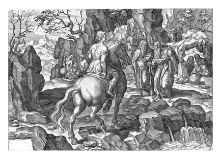 Foto de Recogiendo conocimiento, Pieter Jalhea Furnius, después de Jan van der Straet, 1570 Un niño a caballo representa a un grupo de viejos sabios que estudian libros y globos y discuten entre sí. - Imagen libre de derechos