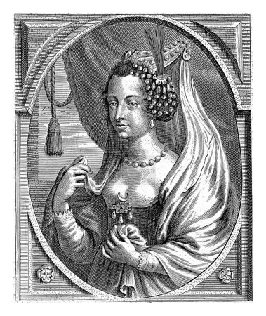 Téléchargez les photos : Portrait d'Emina Sultana, épouse d'Ibrahim, Pieter de Jode, 1628 - 1670 Portrait d'Emina Sultana, demi-longueur. Elle porte une robe avec un décolleté plongeant, un bijou avec un croissant de lune et un voile. - en image libre de droit