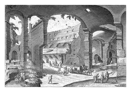 Téléchargez les photos : Vue des ruines du Colisée, Hendrick van Cleve, 1585 Vue des ruines du Colisée, de l'intérieur. Au premier plan une voiture et quelques marcheurs. Un couple qui fait l'amour à gauche. - en image libre de droit