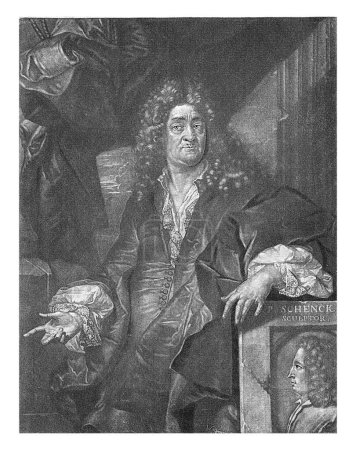 Téléchargez les photos : Portrait de Jan Norel, Pieter Schenk (I), 1670 - 1713 Le poète Jan Norel se tient à côté d'une plaque avec un portrait de profil. - en image libre de droit
