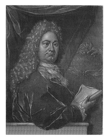 Photo for Portrait of Jan van Hoogstraten, Arnold Houbraken, 1682 - 1719 The writer and poet Jan van Hoogstraten, holding a text sheet. He wears a long curly wig. - Royalty Free Image