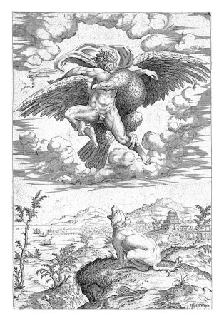 Téléchargez les photos : Vol de Ganymède, Nicolas Beatrizet (attribué à), après Michel-Ange, 1522-1577 Ganymède est enlevé par un aigle. Un chien regarde. - en image libre de droit