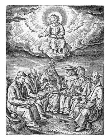 Téléchargez les photos : Adoration du Christ Enfant par les clercs, Hieronymus Wierix, 1563 - avant 1619 Six clercs adorent le Christ Enfant qui les bénit d'une nuée. - en image libre de droit