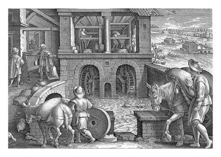 Téléchargez les photos : Moulin à eau, Philips Galle (attribué à l'atelier de), d'après Jan van der Straet, 1589-1593 Le grain est apporté dans des sacs à un moulin à eau et transformé en farine. - en image libre de droit