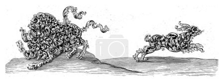 Téléchargez les photos : Deux lions et un lièvre, Anthonie de Winter (peut-être), d'après Wolfgang Hieronimus von Bammel, 1698 - en image libre de droit