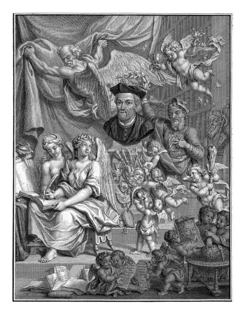 Téléchargez les photos : Allégorie de l'écriture de Rabelais, Jacob Folkema, 1740 Un ange acclamé s'assied avec un livre sur ses genoux et un ressort d'écriture dans sa main. - en image libre de droit