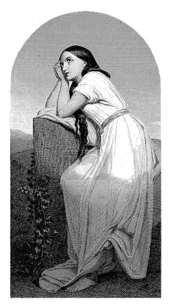 Foto de Mujer joven con una túnica larga, Willem Frederik Wehmeyer, después de Ary Scheffer, 1834 - 1878 Una mujer joven se apoya en una pared de piedra o columna con hiedra. - Imagen libre de derechos