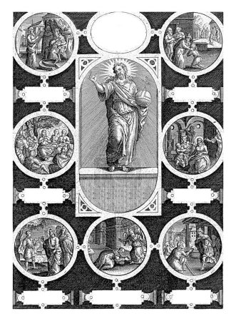 Téléchargez les photos : Sept œuvres spirituelles de miséricorde, Theodoor Galle (attribué à), 1581 - 1633 Central dans un cadre ovale Christ, tenant un globe. Autour du cadre ovale sept médaillons avec des scènes bibliques. - en image libre de droit