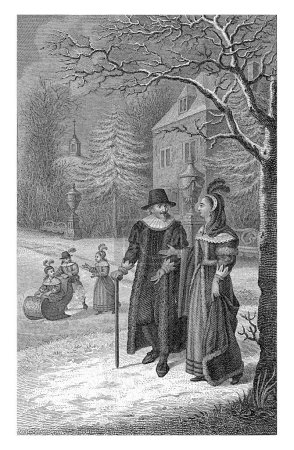 Téléchargez les photos : Jacob Cats se promène aux côtés de Maria Henrietta Stuart, princesse d'Orange, sur son domaine Sorghvliet. En arrière-plan, trois enfants jouent avec un traîneau sur la glace. - en image libre de droit