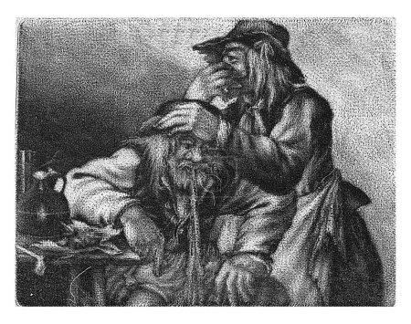 Foto de Vómitos Hombre, Jacobus Harrewijn, 1690 De Reuk. Un hombre está vomitando mientras que un segundo hombre ha puesto su mano sobre su cabeza y se está pellizcando la nariz.. - Imagen libre de derechos