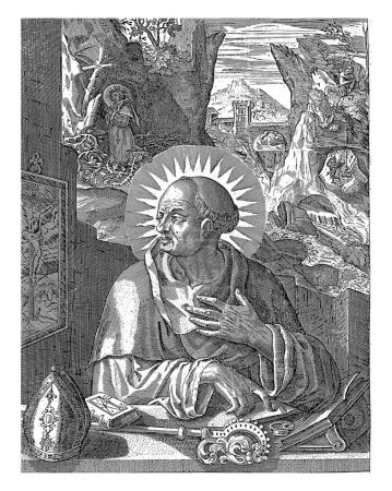 Foto de San Benito, anónimo, después de Jerónimo Wierix, en o después de 1563 Benedicto XVI mira una imagen del Cristo crucificado. Delante de él hay una mitra, un bastón y un libro sobre un atril.. - Imagen libre de derechos