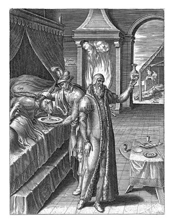 Téléchargez les photos : Seul un corps malade est soigné, Philips Galle (attribué à l'atelier de), d'après Philips Galle, 1610-1676 Un âne se trouve dans son lit de malade et vomit. - en image libre de droit