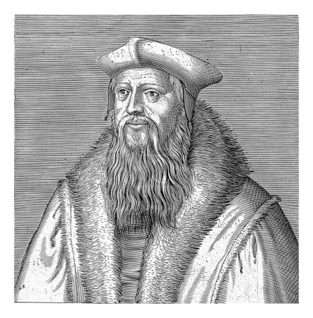 Photo for Portrait of Thomas Cranmer, Hendrick Hondius (I) (attributed to workshop of), 1599 Bust to the left of Thomas Cranmer. Below the portrait are his name and four lines in Latin. - Royalty Free Image