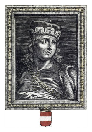 Foto de Retrato de Enrique II, conde de Brabante y Lovaina. En el margen están el escudo de armas y un título de cinco líneas con información biográfica en francés. - Imagen libre de derechos