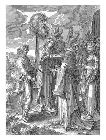 Téléchargez les photos : David triomphant avec la tête de Goliath, anonyme, d'après Jan Saenredam, d'après Lucas van Leyden, 1599 - 1634 A gauche se trouve David avec une grande épée. - en image libre de droit