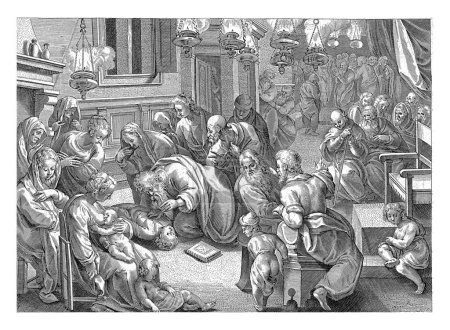 Foto de Pablo devuelve a Eutychus a la vida, anónimo, después de Hendrick Goltzius, después de Jan van der Straet, 1646 Eutychus, un niño que murió al caer por una ventana, es devuelto a la vida por el apóstol Pablo. - Imagen libre de derechos