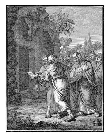 Foto de Entierro, Frederik Ottens, 1726 Los sumos sacerdotes llevan el cuerpo de Cristo, envuelto en la mortaja, a la tumba. Los sacerdotes están acompañados por María y otros cuatro hombres. - Imagen libre de derechos