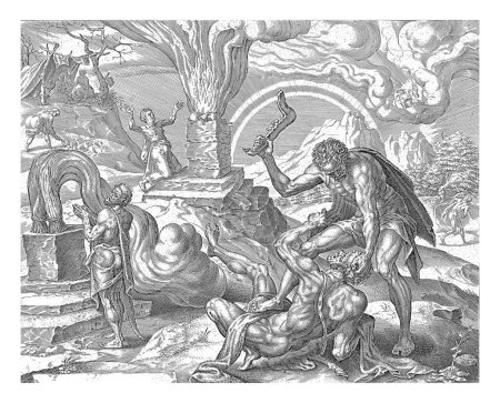 Foto de Caín mata a Abel, Harmen Jansz Muller, después de Maarten van Heemskerck, 1570 - 1612 Caín mata a su hermano Abel. Dos altares de sacrificio se pueden ver en el fondo. La ofrenda de Caín es rechazada. - Imagen libre de derechos