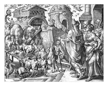 Foto de Noé aborda el arca con su familia y los animales, Cornelis Cort, después de Maarten van Heemskerck, después de c. 1559 c. 1560 Una procesión de animales entra en el arca, un par de cada tipo. - Imagen libre de derechos