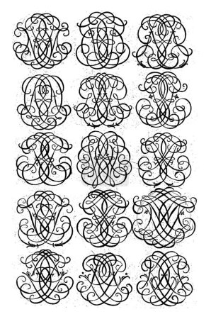 Foto de Quince Monogramas de Letras (DES-MFE), Daniel de Lafeuille, c. 1690 - c. 1691 De una serie de 29 hojas parcialmente numeradas con monogramas numéricos. - Imagen libre de derechos