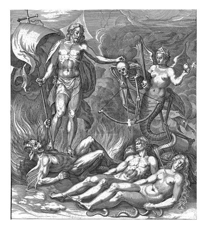 Téléchargez les photos : Mort d'Adam et Eve, Jan Ditmaer, d'après Crispijn van den Broeck, 1548 - 1603 Adam et Eve couchés entre les serpents sont tués par la mort avec des flèches. - en image libre de droit