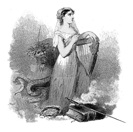 Téléchargez les photos : Jeune femme avec une harpe, Willem Frederik Wehmeyer, d'après Herman Frederik Carel ten Kate, 1837 - 1854 - en image libre de droit