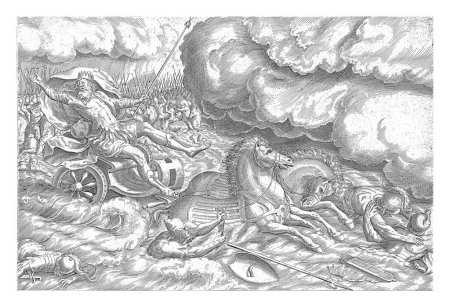 Foto de Destrucción del ejército egipcio en el Mar Rojo, Johannes Wierix, después de Marten van Cleve (I), 1639 Mientras el ejército egipcio cruza el Mar Rojo, Moisés hace que el agua fluya hacia atrás. - Imagen libre de derechos