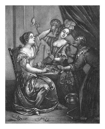 Foto de Dos mujeres bebedoras y una anciana, Pieter Schenk (I), 1670 - 1713 Dos mujeres jóvenes están bebiendo en una mesa. Tuberías, naipes y un cristal roto yacen en el suelo. Una anciana les habla. - Imagen libre de derechos