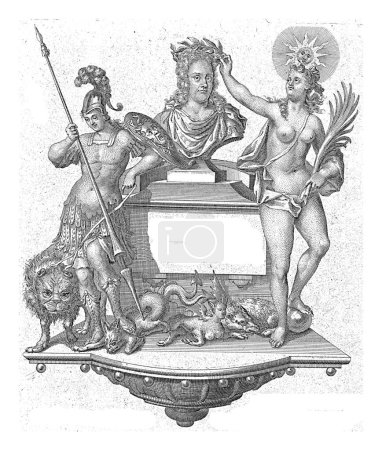 Photo for Allegory with bust of poet Jacob Zeeus, Francois van Bleyswijck, 1737, vintage engraved. - Royalty Free Image