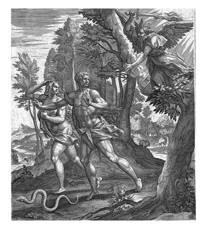Téléchargez les photos : Expulsion du Paradis, Raphaël Sadeler (I), après Maerten de Vos, 1583 Adam et Eve sont chassés du Paradis par l'ange avec l'épée flamboyante. - en image libre de droit