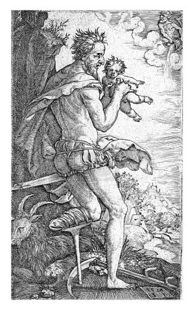 Téléchargez les photos : Saturne, Monogrammiste IB (XVIe siècle), 1529 Saturne, avec une béquille en bois sur sa jambe mutilée, tient un de ses enfants dans ses mains. Sur le sol se trouve une chèvre et une faux. - en image libre de droit