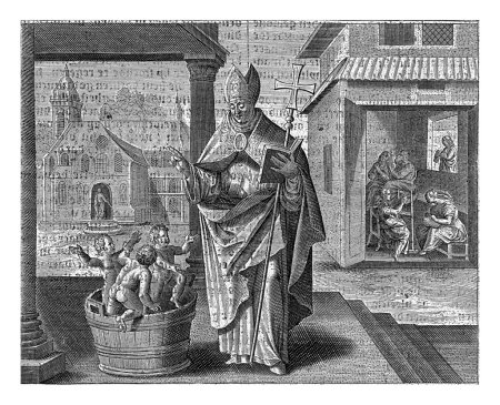 Foto de San Nicolás da vida a tres niños, Jan Collaert (II), después de Maerten de Vos, 1597 En primer plano, San Nicolás da vida a tres niños. - Imagen libre de derechos