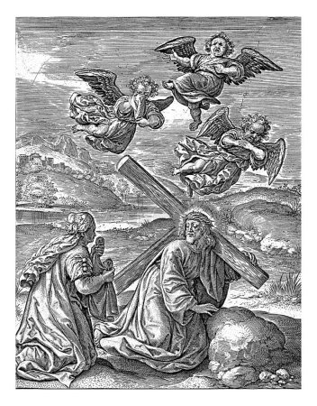 Téléchargez les photos : Portant la Croix du Christ avec Veronica, Johannes Wierix, 1559 - avant 1620 Le Christ tombe en portant sa croix au Calvaire. Veronica propose d'essuyer la sueur de son visage avec un chiffon. - en image libre de droit
