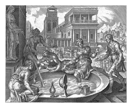 Foto de Betsabé recibe la carta de David, Harmen Jansz Muller, después de Maarten van Heemskerck, 1570 - 1612 Betsabé se está bañando en una cuenca de agua con una fuente. - Imagen libre de derechos