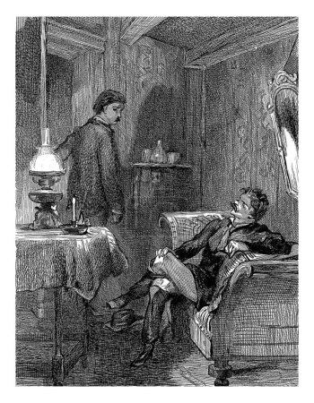 Foto de Hombre sentado en un sofá, Willem Steelink (I), después de Charles Rochussen, 1836 - 1913 Interior con un hombre sentado con las piernas cruzadas en un sofá. Un hombre se para en la puerta, mirándolo hacia atrás. - Imagen libre de derechos