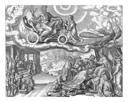 Foto de El planeta Júpiter y sus hijos, Harmen Jansz Muller, después de Maarten van Heemskerck, 1638 - 1646 Júpiter cabalga en el cielo en su carro, tirado por dos pavos reales. - Imagen libre de derechos