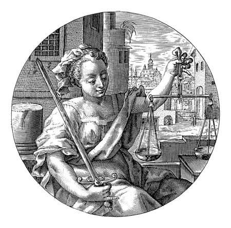 Photo for Justice, Crispijn van de Passe (I), 1600 The female personification of Justice (Justitia), one of the four cardinal virtues. In her hands the sword and the scales, symbols of power and impartiality. - Royalty Free Image