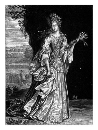 Foto de Summer, Jacob Gole, 1670 - 1724 La personificación del verano con espigas de maíz y una hoz en la mano. Ella está de pie frente a un campo que está siendo segado. - Imagen libre de derechos