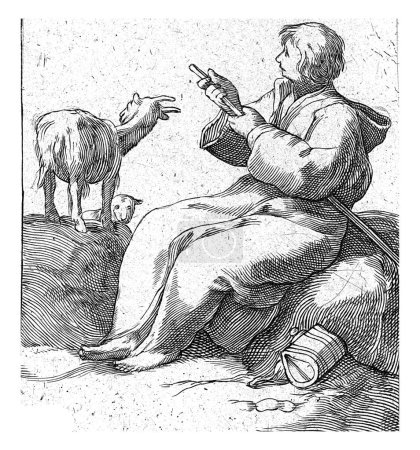 Foto de Goatherd sentado, Frederick Bloemaert, después de Abraham Bloemaert, después de 1635 c. 1709 Un hombre sentado con un palo en las manos. Una bolsa en el suelo. Junto a él dos cabras. - Imagen libre de derechos