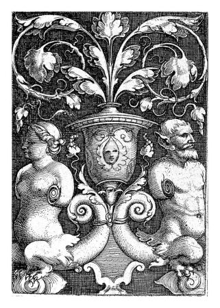 Téléchargez les photos : Néréide et un triton, Georg Pencz, 1510 - 1550 Le néréide (à gauche) et le triton (à droite) sont assis sur un escargot de chaque côté d'un vase de vignes à feuilles. - en image libre de droit