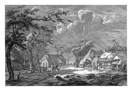 Téléchargez les photos : Anloo à Drenthe, Hendrik Schwegman, d'après Egbert van Drielst, 1771 - 1816 Vue de quelques fermes à Anloo, Drenthe, alors qu'il pleut et souffle. Au premier plan un homme, une femme et un chien. - en image libre de droit