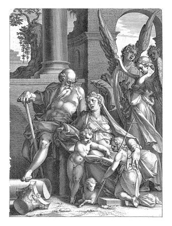 Foto de Sagrada Familia con Juan Bautista, Johann Sadeler (I), después de Bartolomé Spranger, 1581 La Sagrada Familia con Juan Bautista como un niño. - Imagen libre de derechos