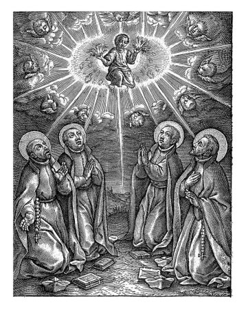 Foto de Cristo Niño en Nimbus, Hieronymus Wierix, 1563 - antes de 1619 El Niño Cristo en una nimbo, sosteniendo un corazón ardiente en cada mano, rodeado de querubines. - Imagen libre de derechos